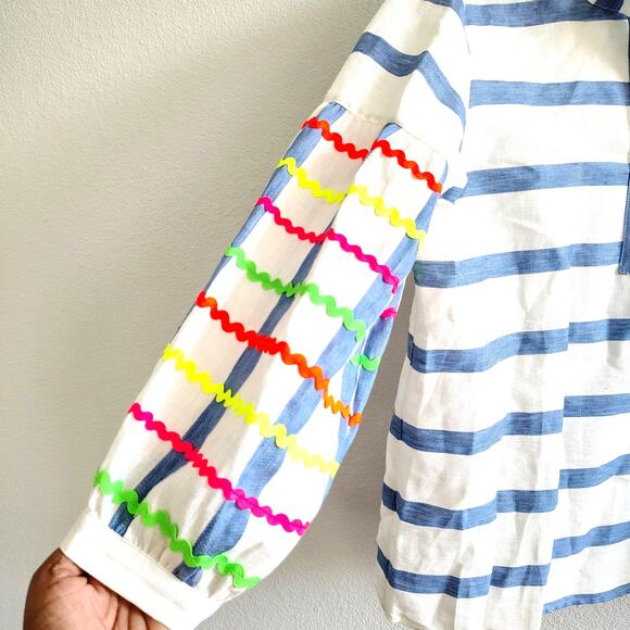 Vilagallo Size 44 Blue White Stripe Neon Wavy Color Sleeves Shirt Top Blouse - Picture 3 of 9